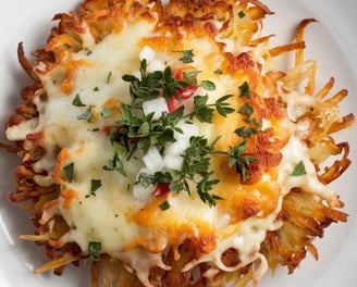 a plate of hashbrowns with cheese