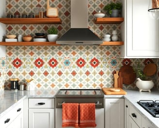 a colorful bohemian kitchen with a stove top