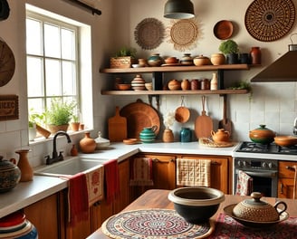 a bohemian kitchen with a table and bowls