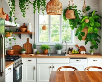 a bohemian kitchen with plants and a wooden table