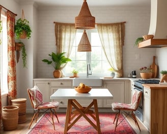 bohemian kitchen layered with textures