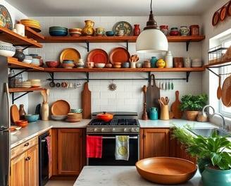a bohemian kitchen with a stove top and a refrigerator