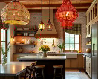 a bohemian kitchen with a table and chairs