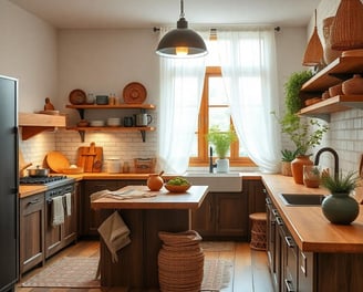 a bohemian kitchen with a refrigerator and a table