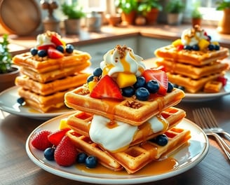 a stack of waffles with fruit on top of them