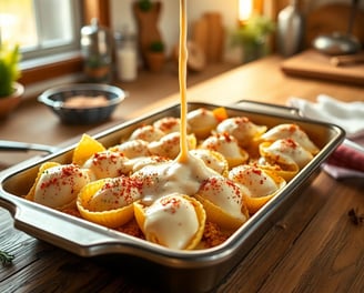 a person pouring sauce on a dish in a pan