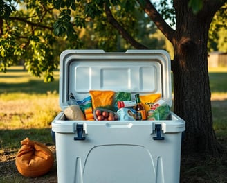 A well-packed cooler of camping food under a shade tree
