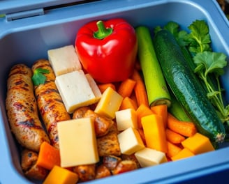 a lunch box with a variety of vegetables and cheese