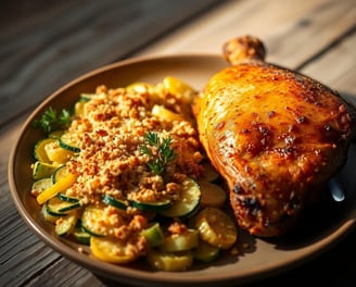 crispy sliced Zucchini and Yellow Squash Au Gratin topped with brown toasted panko bread crumbs on a