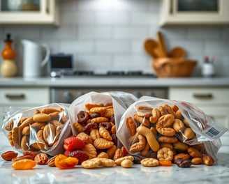 a bunch of nuts and dried fruit in bags