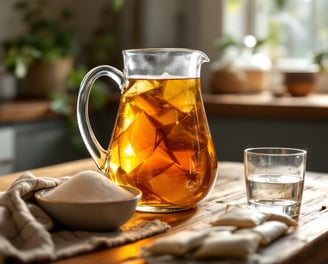 a pitcher of sweet iced tea on a kitchen counter with sugar, tea bags and a water beside it as the i