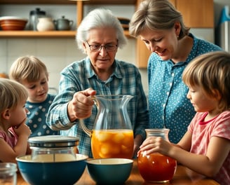 Grandma making a pitcher of sweet tea in the kitchen with her grandchildren watching her make it