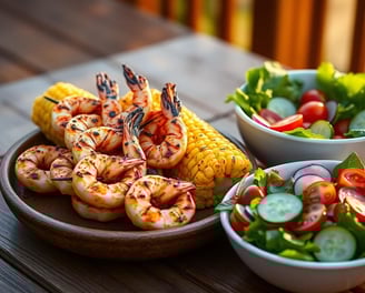 spicy grilled shrimp kabobs on a plate with grilled corn on the cob with a fresh garden salad in a b