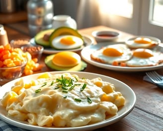 a table with a plates of eggs