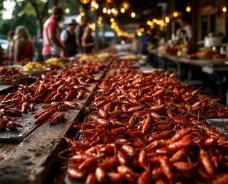 Louisiana cajun outside party with long tables of crawfish on it