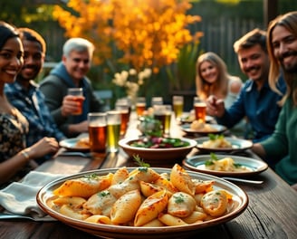 Weekend gathering of friends and family eating creamy spicy cajun stuffed chicken pasta shells