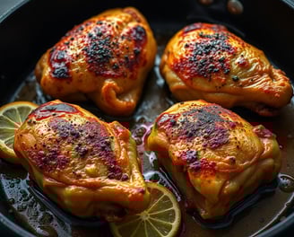 Paprika & Lemon Roasted 4 Chicken thighs cooking in a cast iron skillet