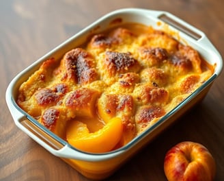 peach cobbler in a rectangle dish