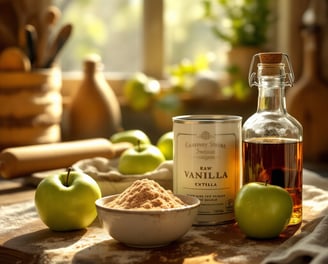 a kitchen counter with with apples and cinnamon