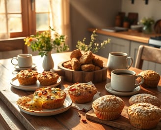 a table with a bunch of muffins and coffee