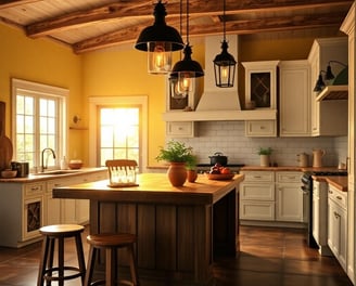 a kitchen with a wooden ceiling and a wooden table