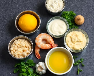 a counter top of these ingredients Shrimp, peeled and deveined (fresh or frozen, thawed) Panko bread
