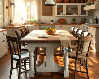 a kitchen table with a bowl of fruit on it