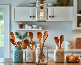 a kitchen counter top with wooden spoons and spoons