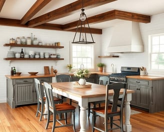 a kitchen with a wooden table and chairs
