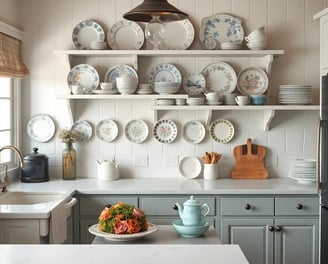 a kitchen with a white counter top and a bowl of fruit