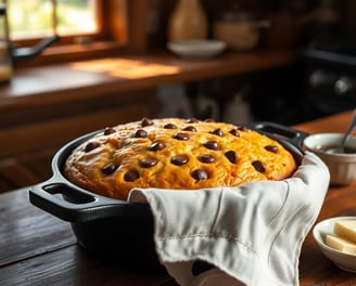 Chocolate Chip Cornbread in an iron skillet