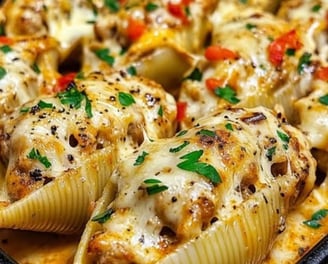 a dish of pasta shells with cheese and sauce