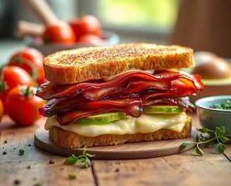 toasted egg, bacon, cheese, tomato and avocado breakfast sandwich