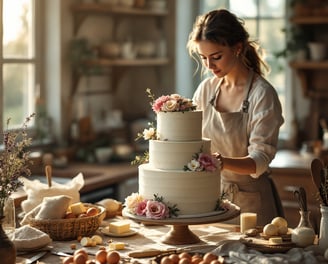 a woman assembling a 3 tier traditional wedding cake with cake ingredients all around in the kitchen