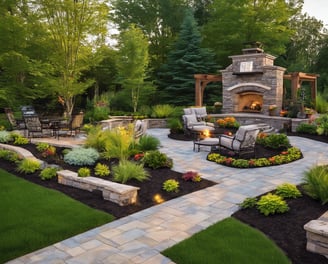 private backyard with sitting area and vertical fireplace
