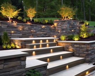 beautiful retaining wall with flower beds and lights