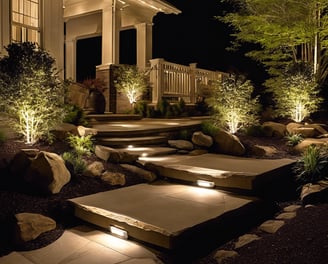 front yard at night with landscape lightning