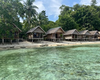a beach with a hutch and a boat in the water