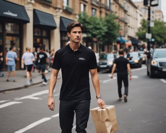 a man walking down the street with a parcel box
