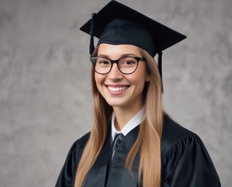 A close-up of a graduation gown with a gold stole that has an emblem at the center. Two colored cords, one blue and one gold, are draped over the gown. The gown also features a patch on the right side.