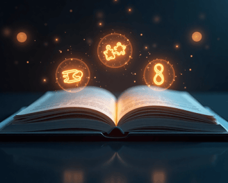 Imagen hiperrealista de una tablet con un e-book abierto, rodeada de tres zonas visuales: una muestra la creación de un produ