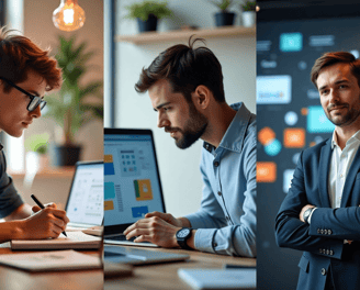 Imagen hiperrealista dividida en tres secciones verticales: un emprendedor en etapa inicial planificando su idea, un dueño de