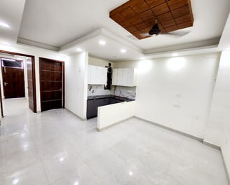 Living Room with Open Modular Kitchen of 2 BHK Modern Builder Floor with Balconies — Chattarpur