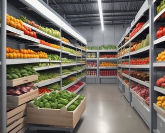 A bustling market stall displays a vibrant array of fresh produce, including tomatoes, asparagus, bell peppers, avocados, and pineapples. Arranged neatly in wooden crates, the fruits and vegetables are accompanied by price tags. The market area is lively with people walking by, some examining the goods. Overhead lights illuminate the colorful assortment, and a sign above reads 'Corner Produce'. In the background, additional greenery and vegetables are visible on shelves.