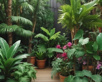 A lush, green plant nursery sheltered by a teal netting, with rows of potted plants neatly arranged on either side of a dirt path, creating a serene, nature-rich environment.
