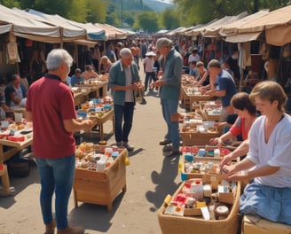 A vibrant outdoor market scene with several people interacting and trading goods. Various colorful fruits and flowers are displayed in baskets and crates on the ground and tables. An assortment of umbrellas provides shade to the vendors and customers. The surrounding architecture appears traditional and there is a bustling atmosphere.