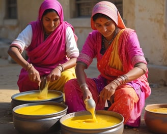 A traditional Indian sweet decorated with silver foil and rose petals is placed on a rectangular tray. Nearby, a lit brass oil lamp and a red rose enhance the aesthetic with warm lighting, all set against a textured, neutral-colored tablecloth.