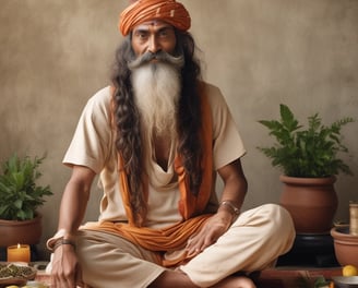 A man dressed in traditional white attire with a golden border is holding a microphone. He has a streak of white paste on his forehead, indicating a cultural or religious mark. In the background, there is a copper vessel placed on a green surface. Another individual is partially visible, also in traditional clothing.