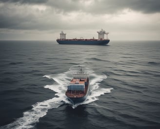 A small industrial vessel is navigating through slightly choppy waters. The vessel is equipped with machinery, including a yellow crane and antennas on its deck. The surrounding water has a dark, moody appearance due to the overcast lighting.