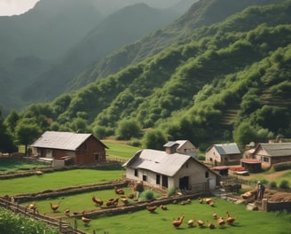 A rustic stone house with a red-tiled roof is nestled among lush green forests and rolling hills under a partly cloudy sky. The landscape is serene and abundant with verdant trees, creating a peaceful and secluded atmosphere.